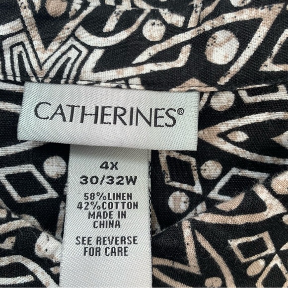 Catherines Blouse Top Woman 4X  Linen Cotton Button Up Black Abstract Print - Picture 6 of 9